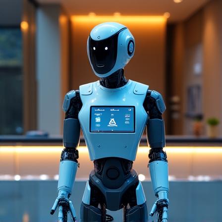 Sleek Model E-Desk concierge robot at a corporate reception desk interacting with a human