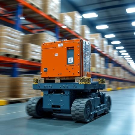 Industrial Model E-Pro robot moving heavy pallets in a high-tech warehouse