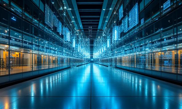 Data visualization overlaying a high-tech corporate office flow