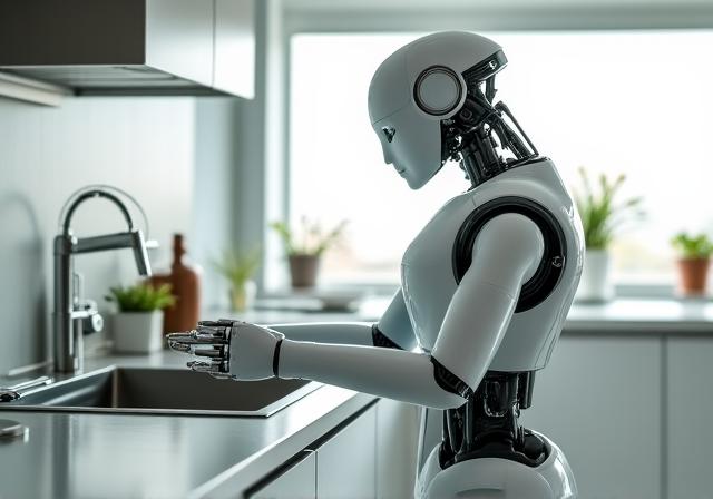 AI assistant robot observing and helping in a modern kitchen